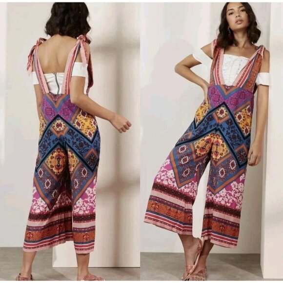 Free People Maritzah Jumpsuit Size 2 wide leg cropped BOHO Moroccan colorful - Picture 1 of 13